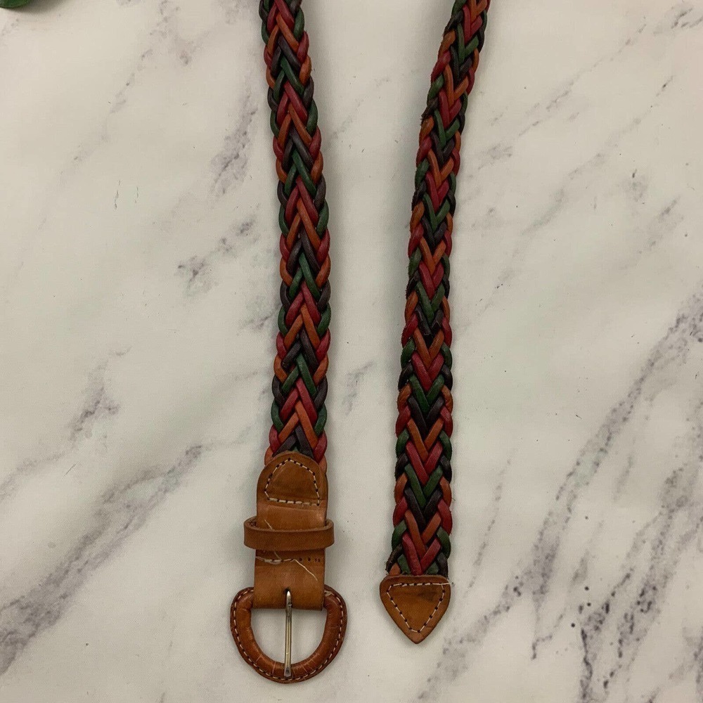 Womens Vintage Unbranded Braided Leather Belt Size 38 Rainbow Pink Purple Woven - Picture 2 of 3